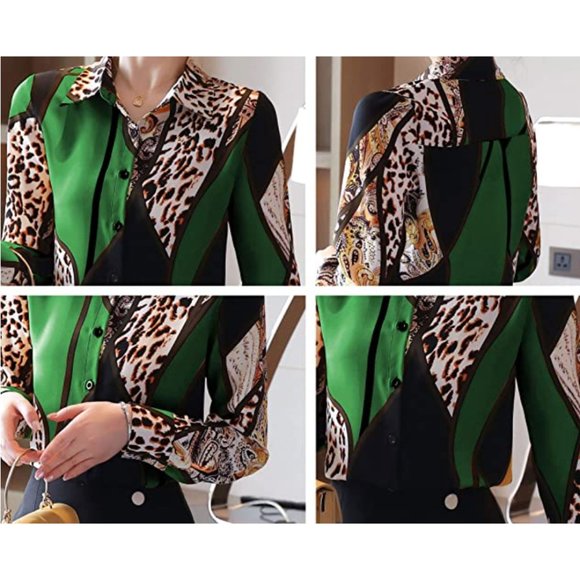 Fashion Leopard Contrast Long Sleeve Shirt Blouse Top - Picture 14 of 15